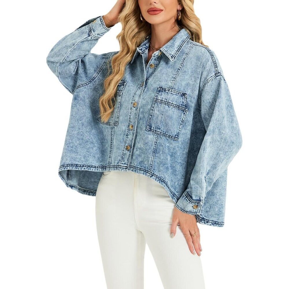 Oversized Denim Jacket Women Light Blue Cotton Blend Batwing Sleeve Casual